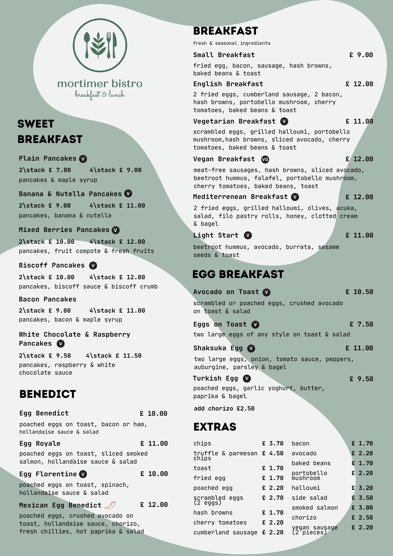 Breakfast, pancakes, eggs, benedicts and extras with prices