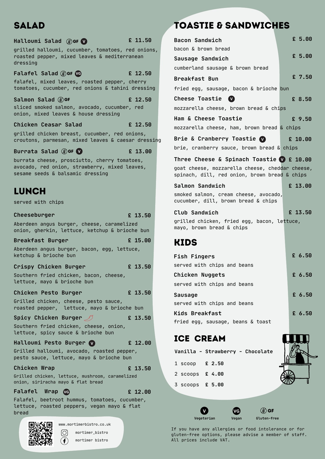 Lunch, salads, toasties, sandwiches and kids meals with prices