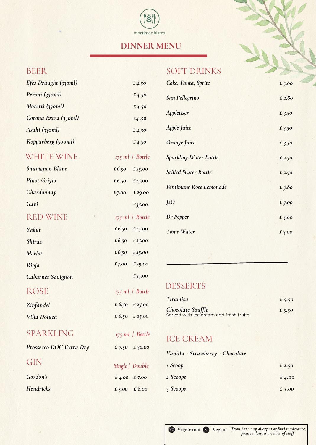 Our printed menu, page 2 of 2: beer, wine, rosé, sparkling, gin, soft drinks, desserts and ice cream, with prices