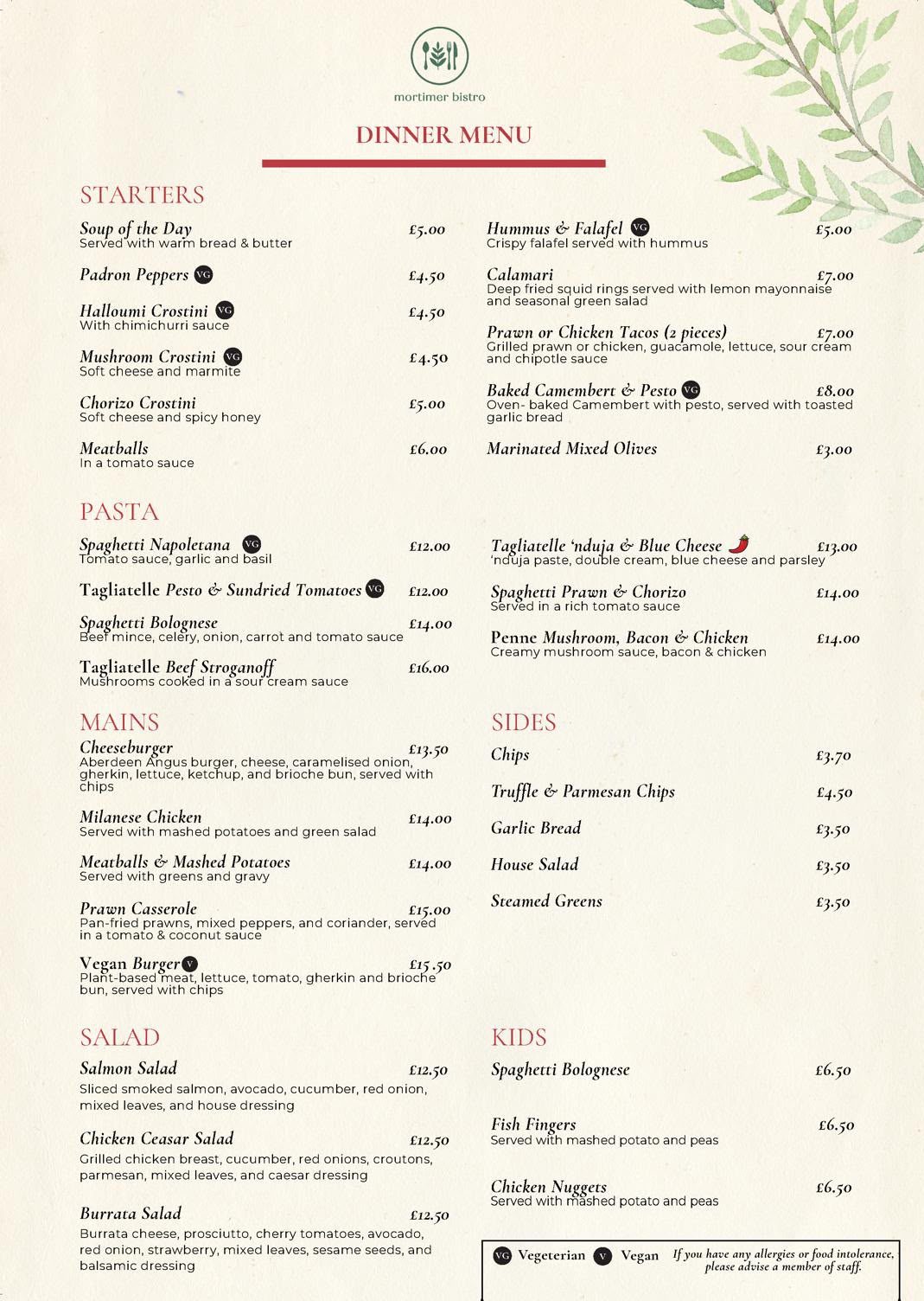 Our printed menu, page 1 of 2: starters, pasta, mains, salad, sides and kids, with prices